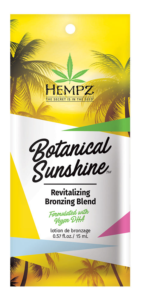 Hempz Botanical Sunshine bronzing blend packaging with palm trees on a yellow background