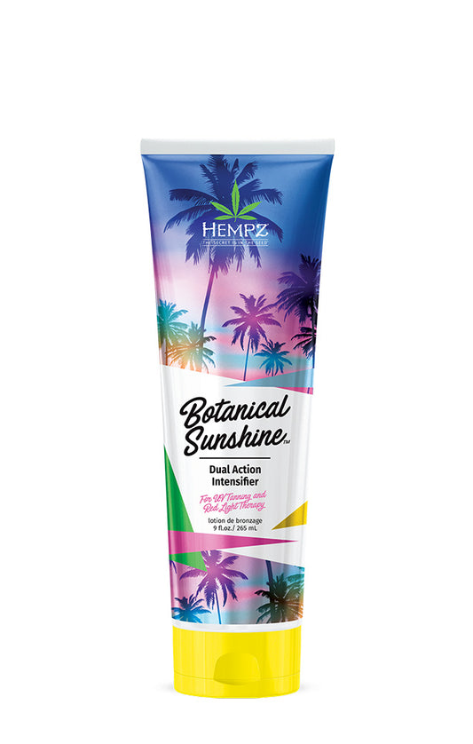 Hempz Botanical Sunshine Dual Action Intensifier tube with tropical design on a white background
