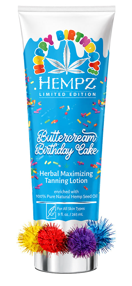 Hempz Buttercream Birthday Cake tanning lotion with colorful packaging and sprinkles.