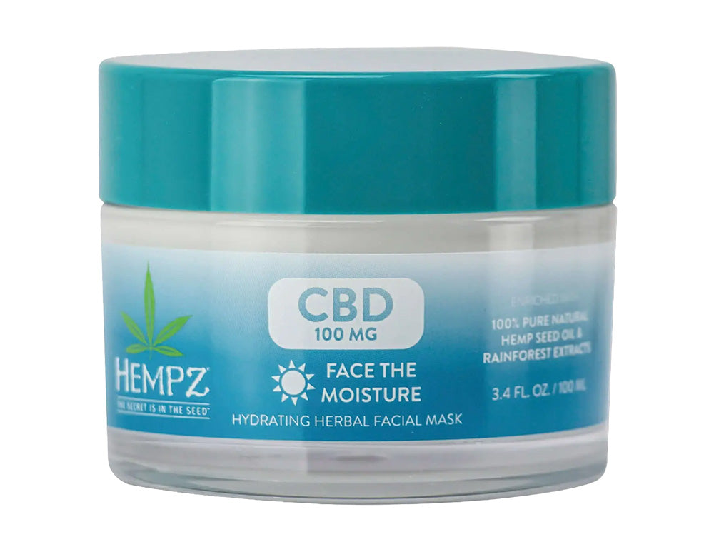 Jar of Hempz CBD facial mask with blue lid and label on a white background