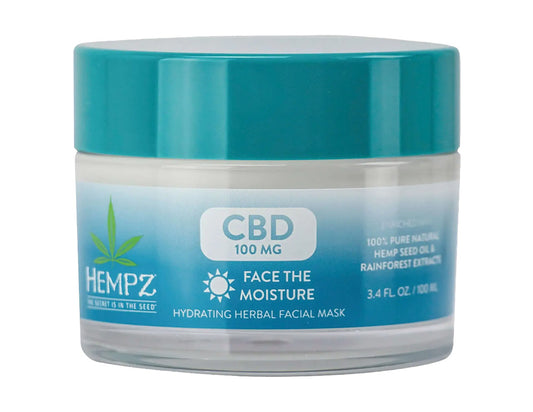 Jar of Hempz CBD facial mask with blue lid and label on a white background