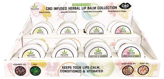 Display of Hempz CBD Infused Herbal Lip Balm Collection with various scents.