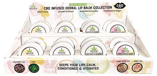 Display of Hempz CBD Infused Herbal Lip Balm Collection with various scents.