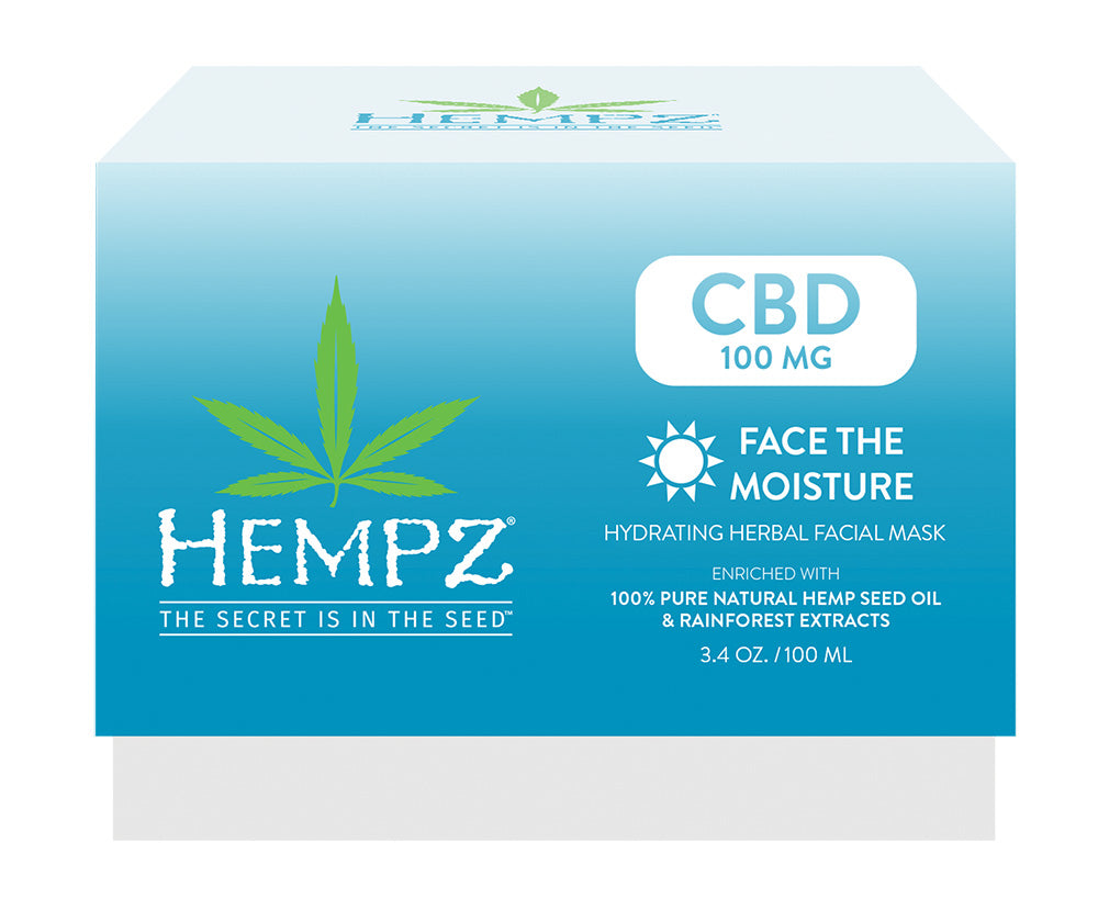 Box of Hempz CBD face mask with blue gradient and green leaf logo