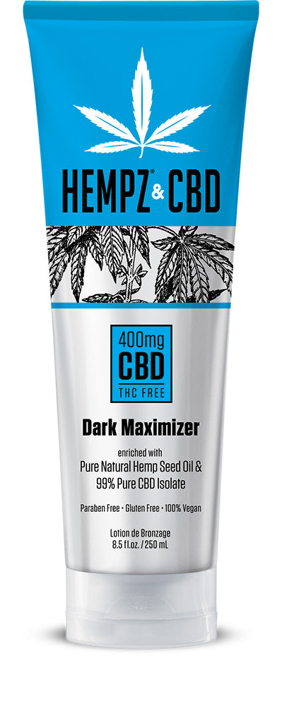 Tube of Hempz & CBD Dark Maximizer with blue and white design on a white background