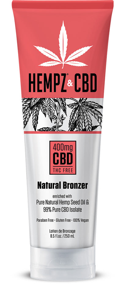 Tube of Hempz & CBD Natural Bronzer with cannabis leaf design on a white background