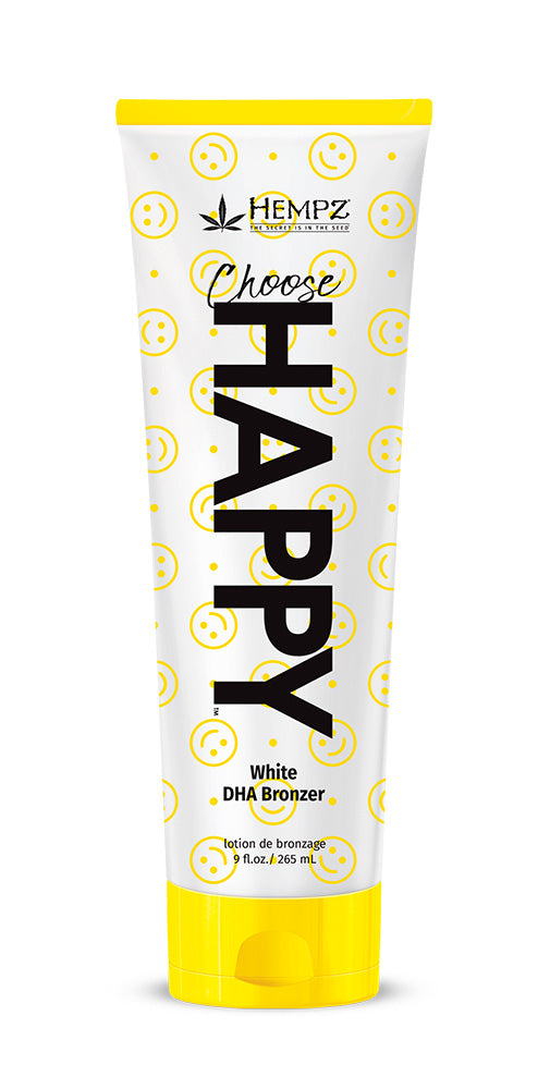 Tube of Hempz DHA Bronzer with 'Choose Happy' text on a white background