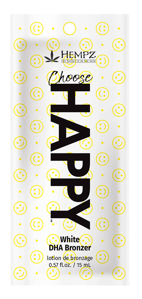 Hempz 'Choose Happy' white DHA bronzer packaging with yellow smiley faces on a white background