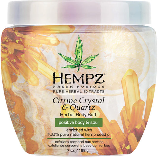 Hempz Citrine Crystal & Quartz Herbal Body Buff with crystals and hemp leaf on packaging