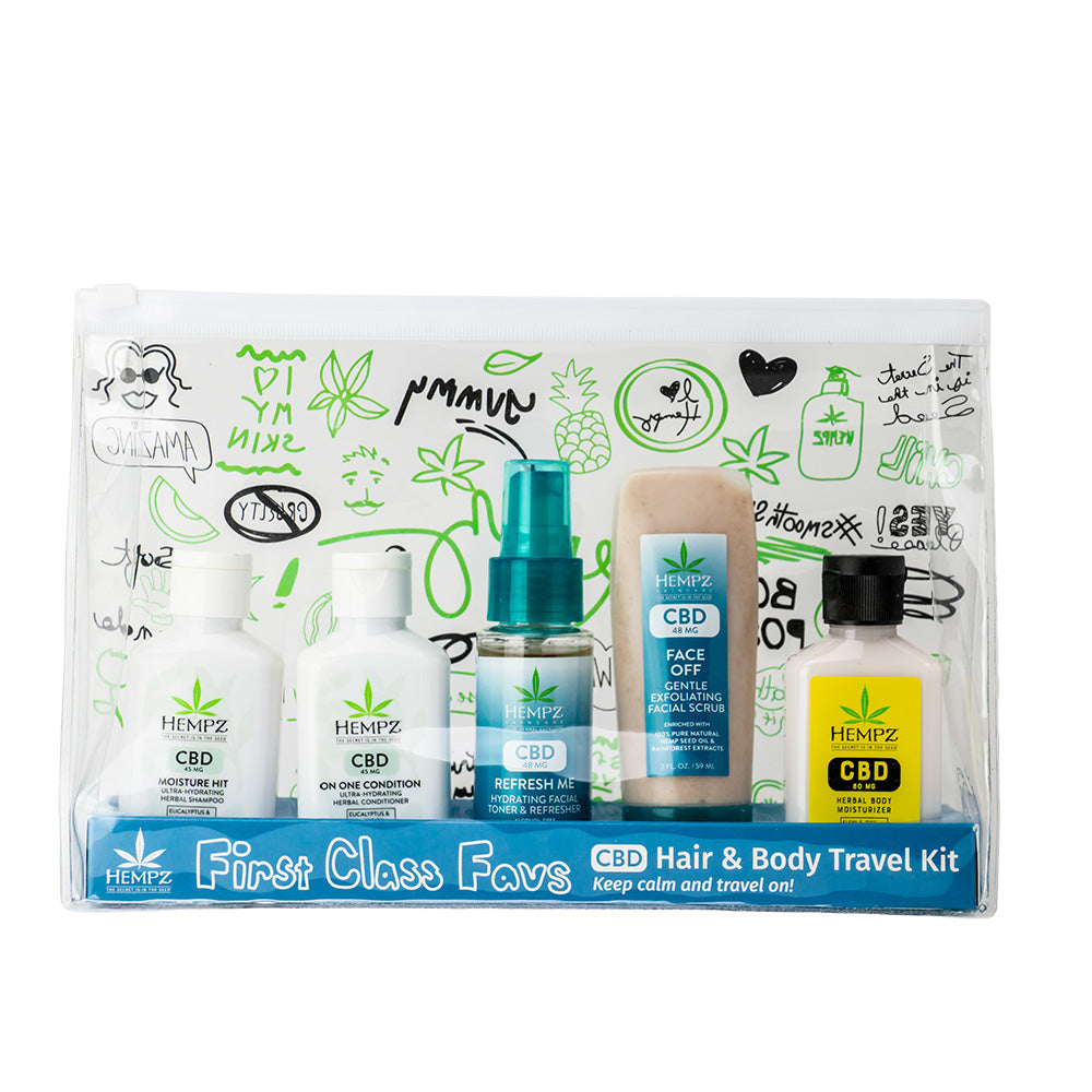 Hempz CBD hair and body travel kit with multiple products on a white background