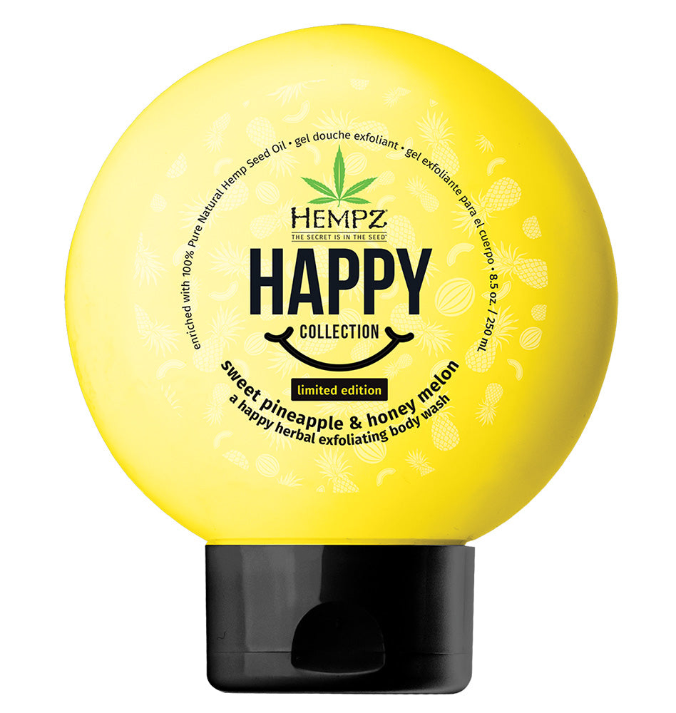 Yellow bottle of Hempz Happy Collection sweet pineapple & honey melon body wash on a white background