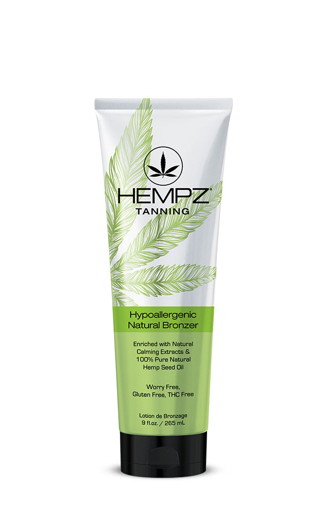 Su hypoallergenic natural bronzer featuring a white and green bottle with a green hemp leaf on a white background