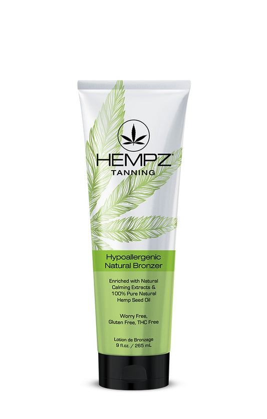 Su hypoallergenic natural bronzer featuring a white and green bottle with a green hemp leaf on a white background