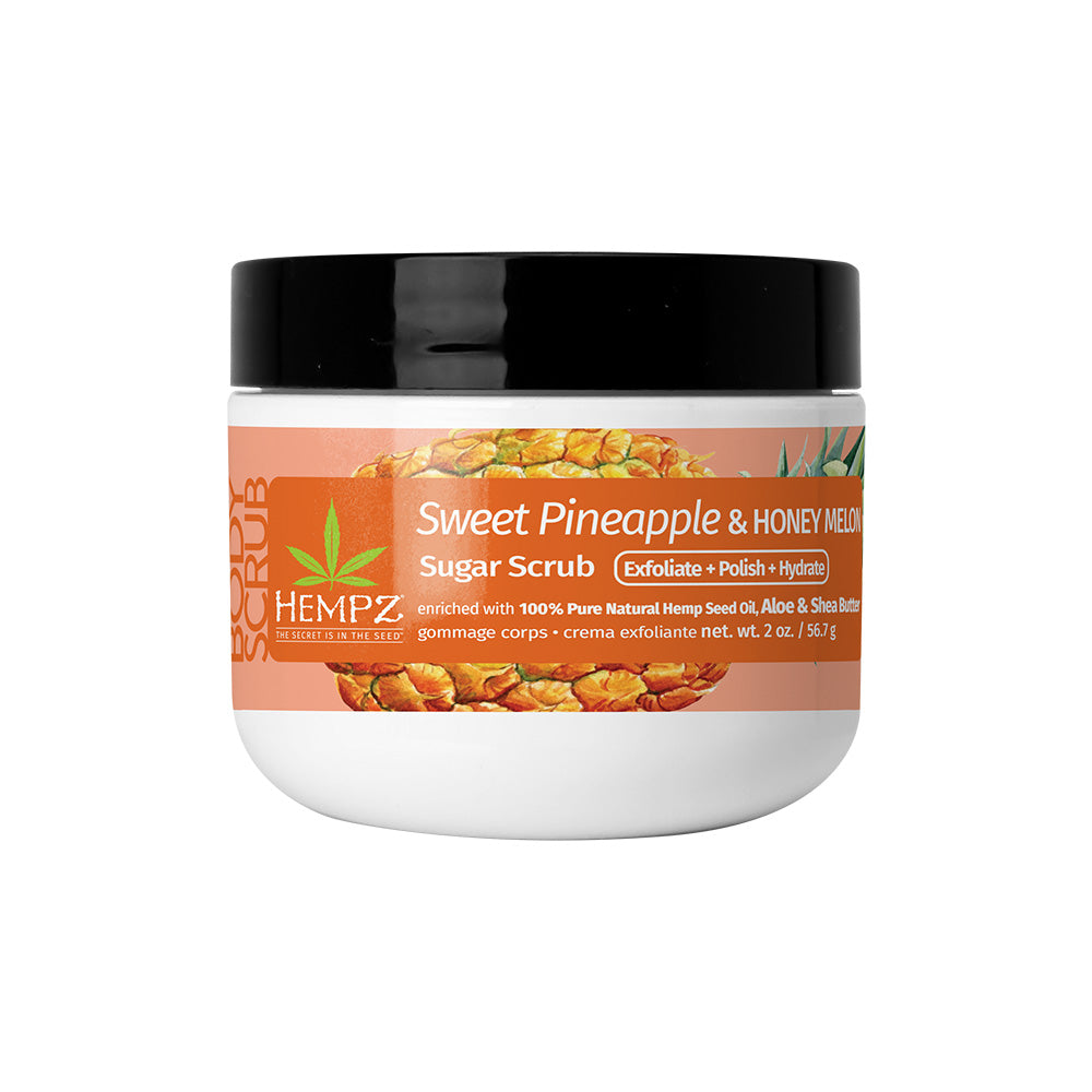 Jar of Sweet Pineapple & Honey Melon Sugar Scrub with black lid on a white background