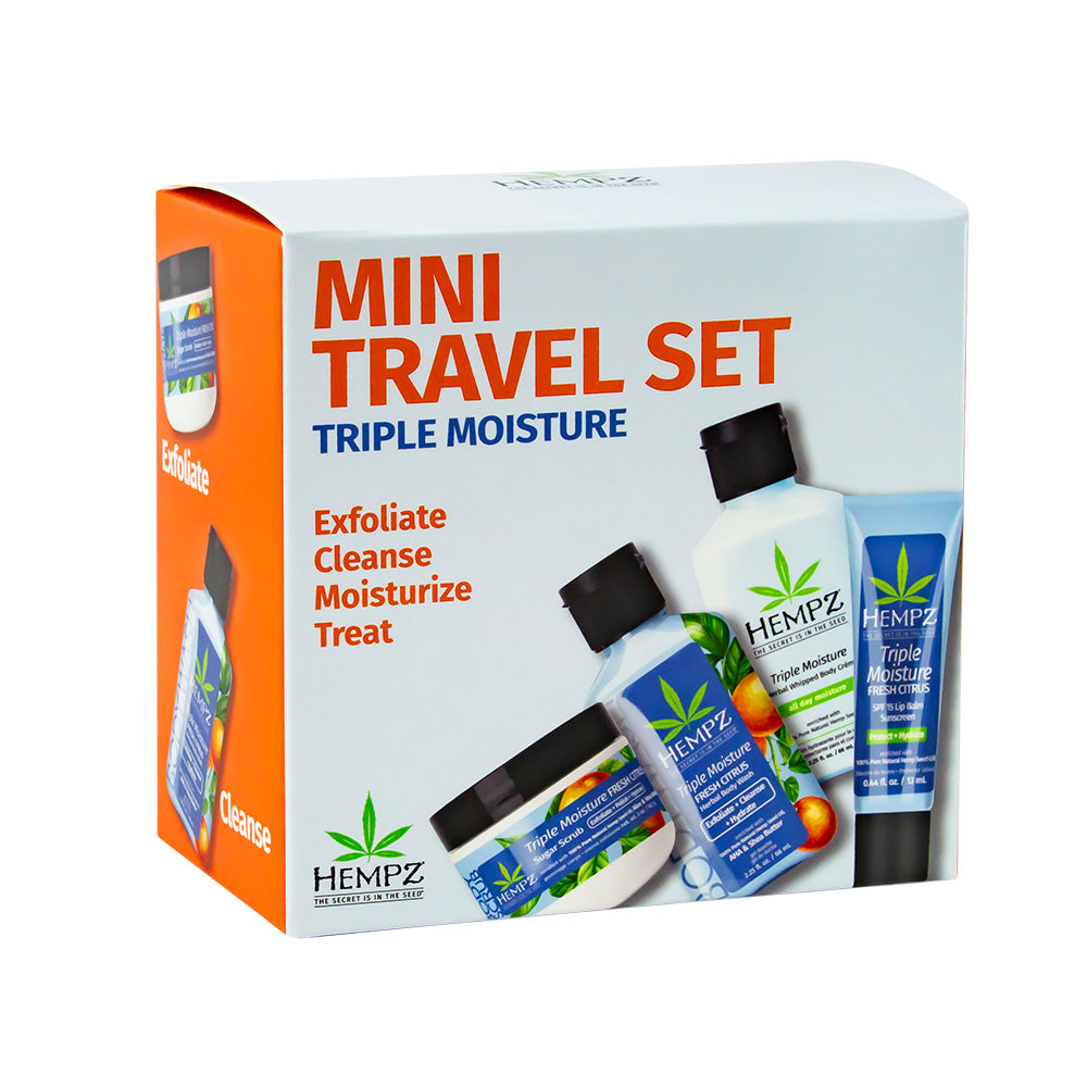 Hempz Mini Travel Set packaging with bottles and a box on a white background