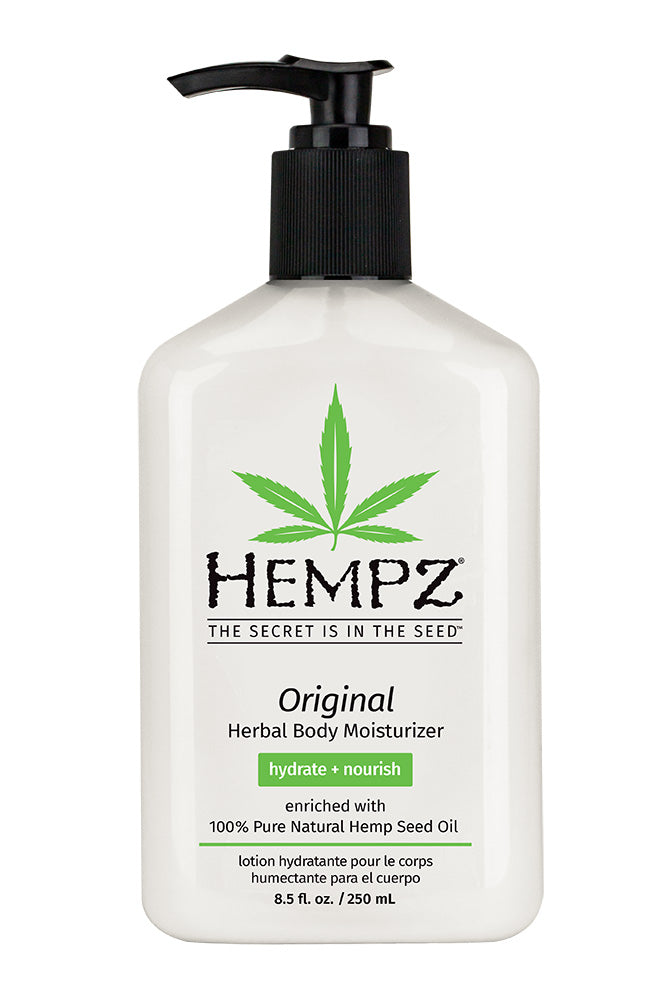 Hempz Herbal Body Moisturizer bottle with a green leaf logo on a white background