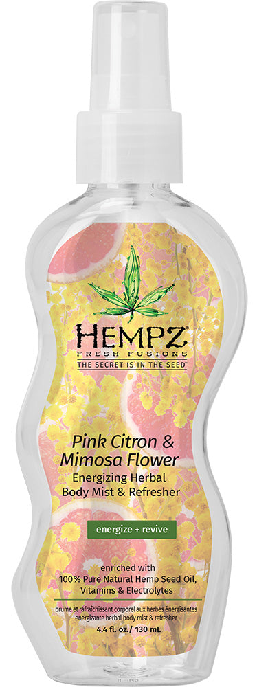 Hempz body mist spray bottle with pink citron and mimosa flower design on a white background