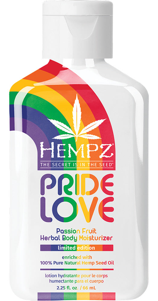 Hempz Pride Love body moisturizer bottle with rainbow design on a white background