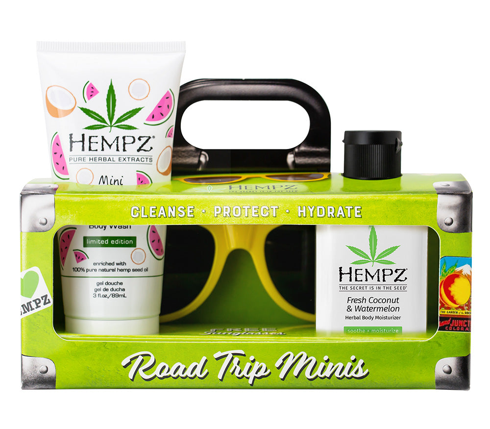 Hempz Road Trip Minis set with bottles, a can, and sunglasses on a white background
