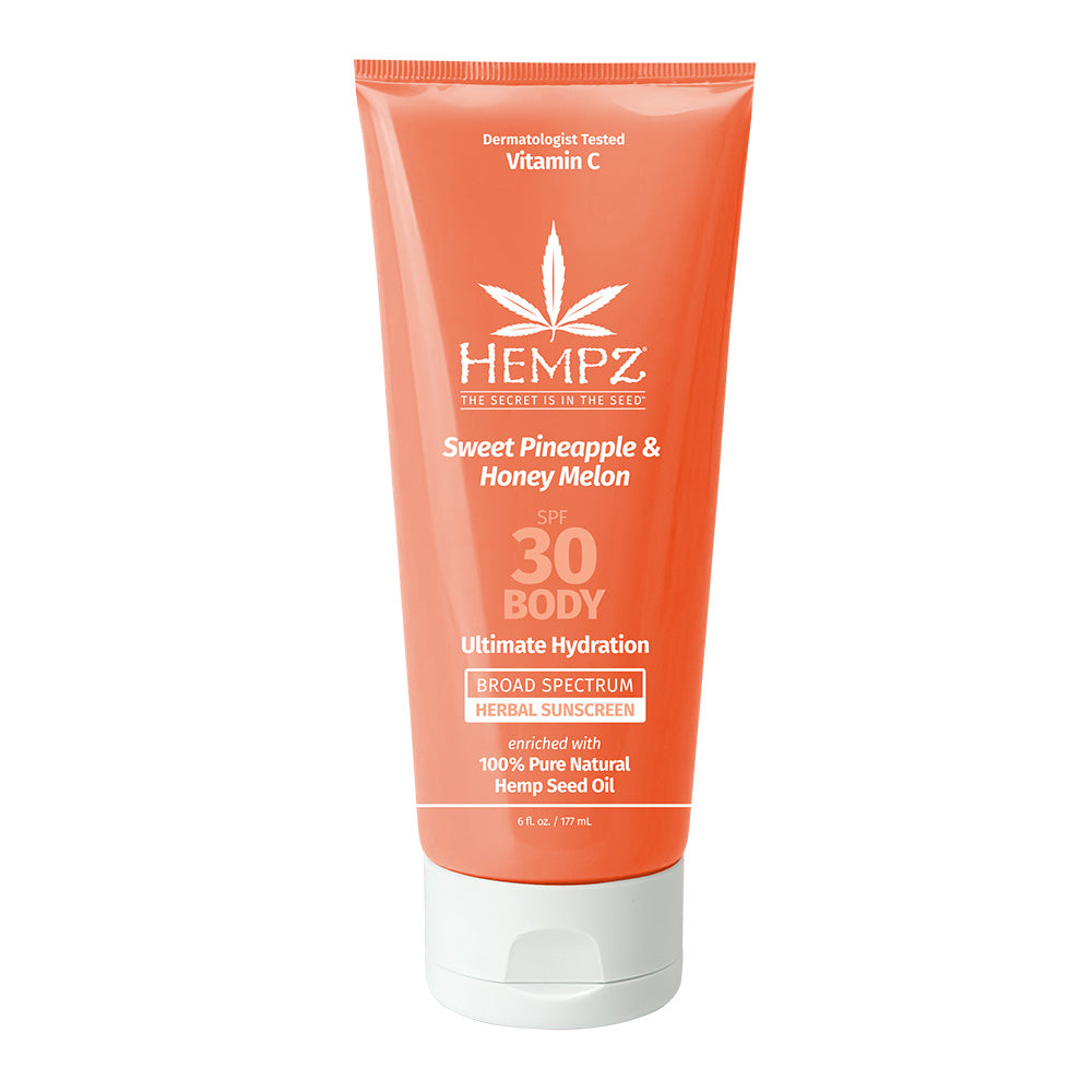 Hempz sunscreen tube with pineapple and honey melon scent on a white background