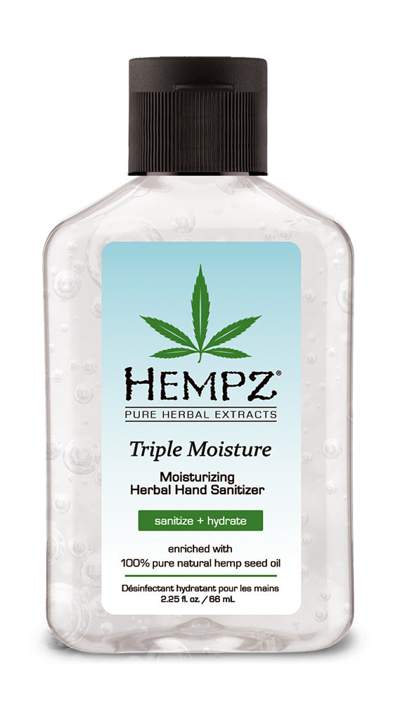 Bottle of Hempz Triple Moisture hand sanitizer with a black cap on a white background
