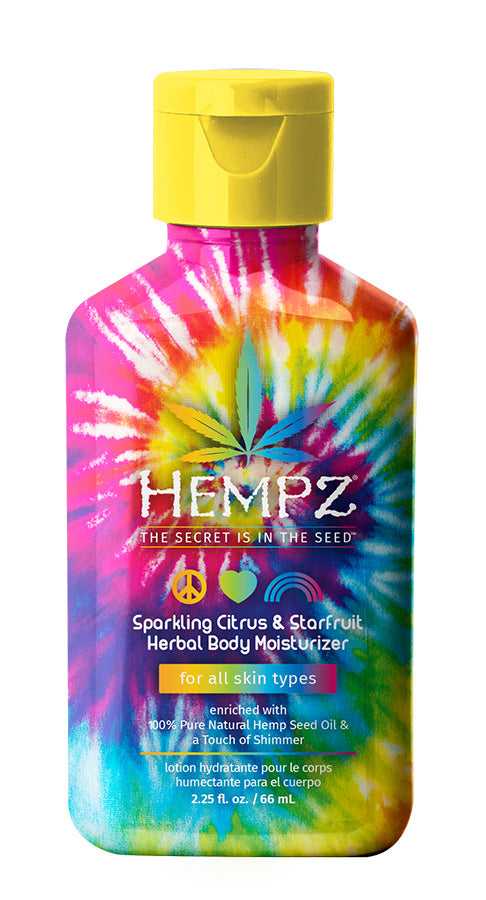 Hempz tie-dye bottle of herbal body moisturizer with a yellow cap on a white background