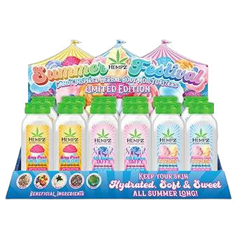 Display of Hempz Summer Feeling body moisturizers with colorful packaging.