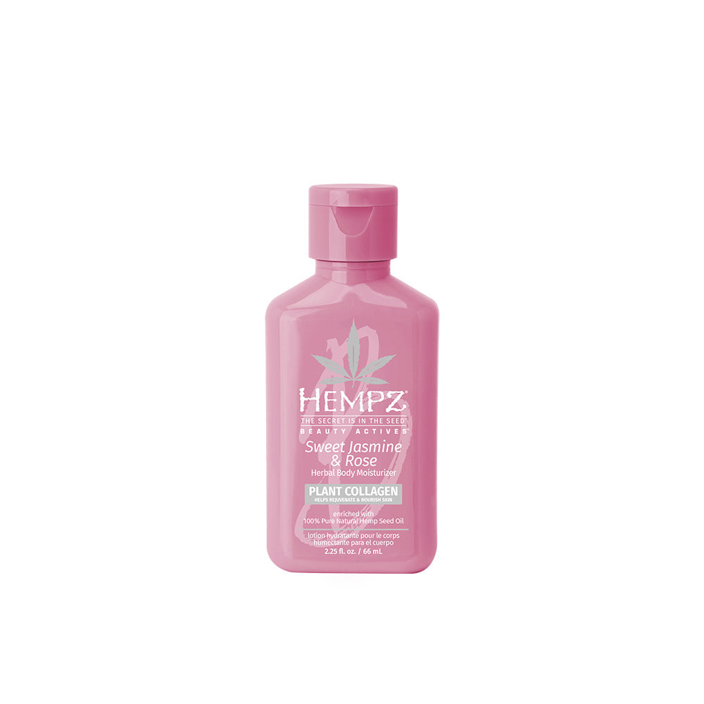 Pink bottle of Hempz Sweet Jasmine & Rose body lotion on a white background