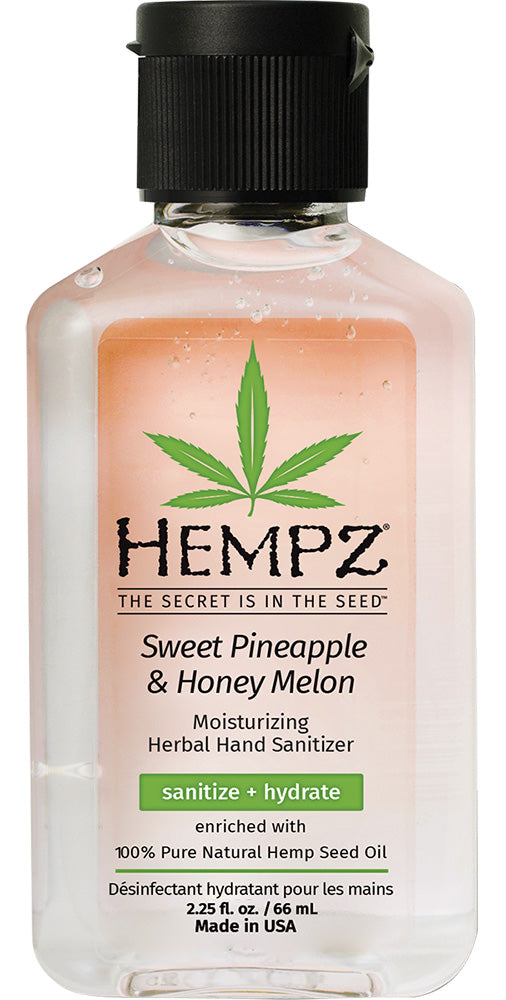 Hempz Sweet Pineapple & Honey Melon hand sanitizer bottle on a white background