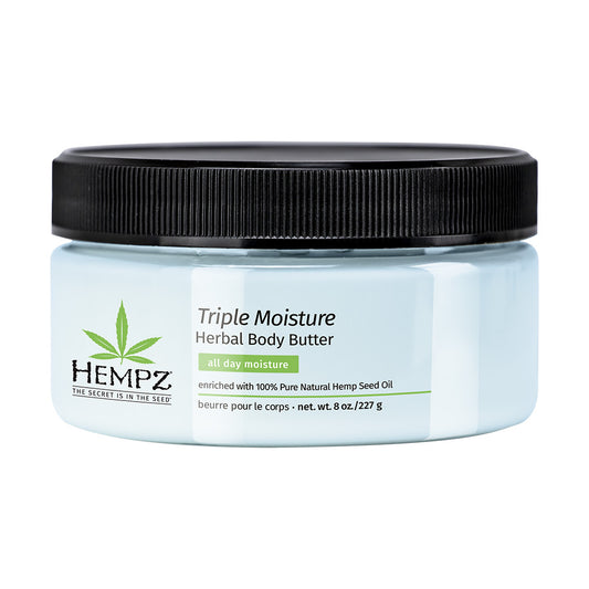 Hempz Triple Moisture Herbal Body Butter jar with black lid on a white background
