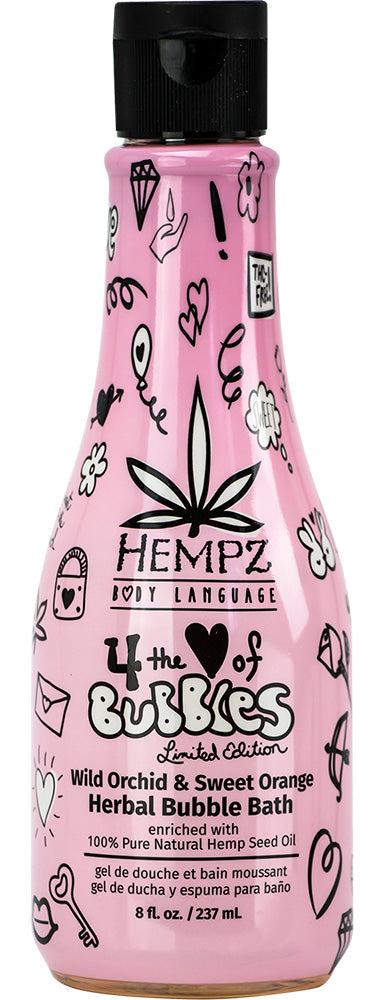 Pink bottle of Hempz Herbal Bubble Bath with black cap and decorative design.
