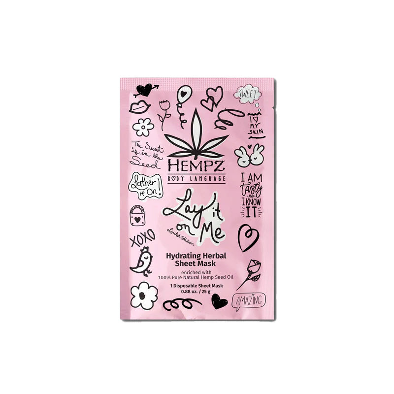 Pink packaging of Hempz Hydrating Herbal Mask with decorative elements on a white background