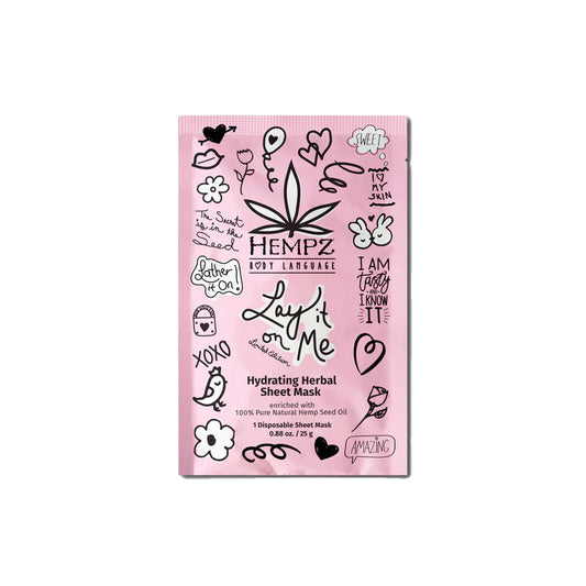 Pink packaging of Hempz Hydrating Herbal Mask with decorative elements on a white background