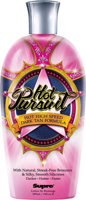 Pink bottle of 'Hot High Speed Dark Tan Formula' with decorative label on a white background