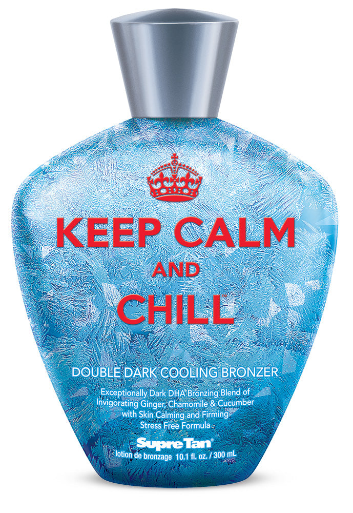 Blue bottle of Supre Tan Double Dark Cooling Bronzer with 'Keep Calm and Chill' text on a white background