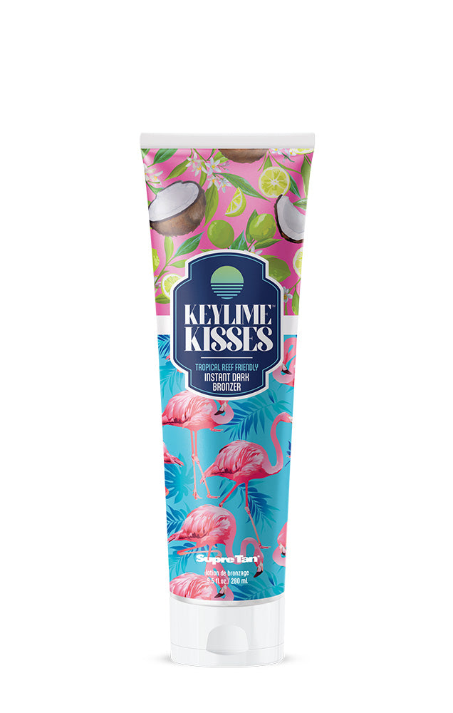 A bottle of Supre Tan Keylime Kisses tanning lotion featuring a coconut, flamingo, and lime background