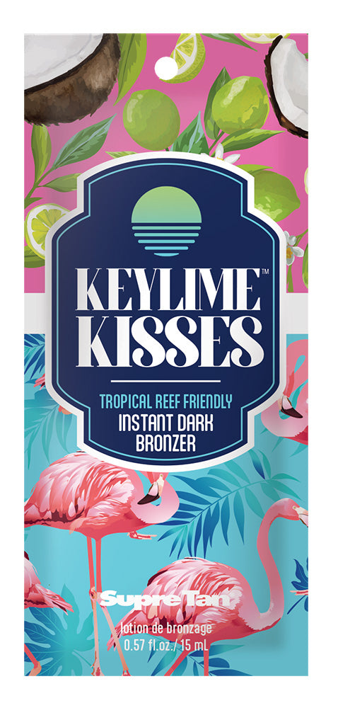 A packet of Supre Tan Keylime Kisses tanning lotion featuring a coconut, flamingo, and lime background