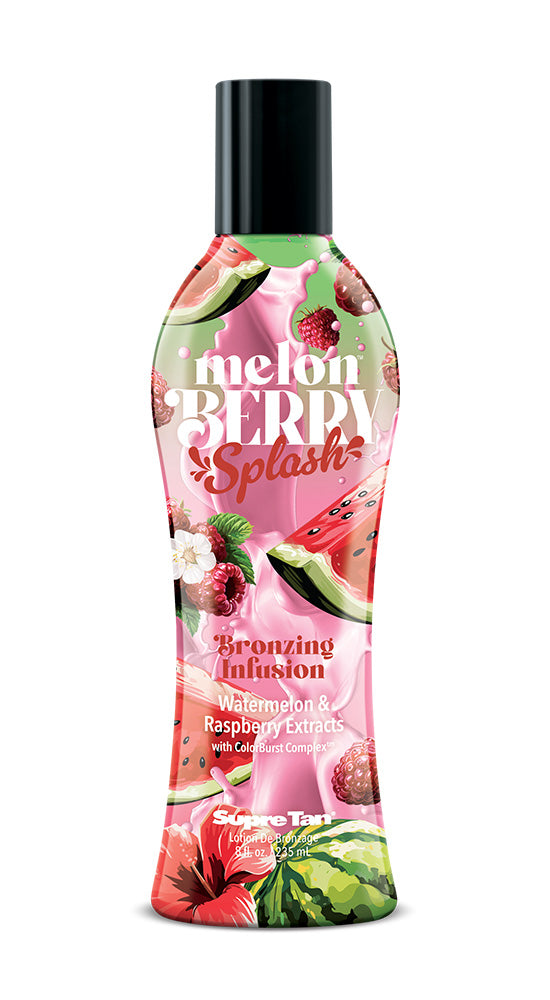 Supre tanning lotion bottle, Melon Berry Splash, featuring a watermelon and floral background and a black cap. 
