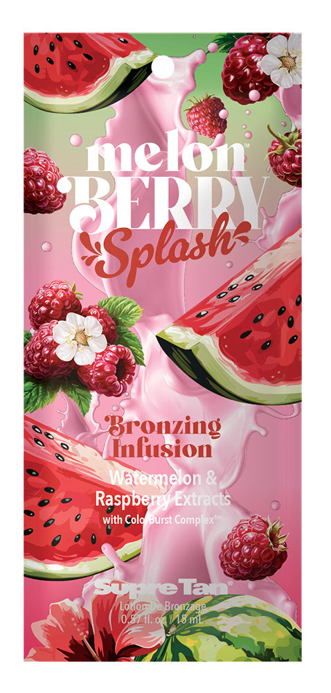 Supre tanning lotion packet, Melon Berry Splash, featuring a watermelon and floral background and a black cap. 
