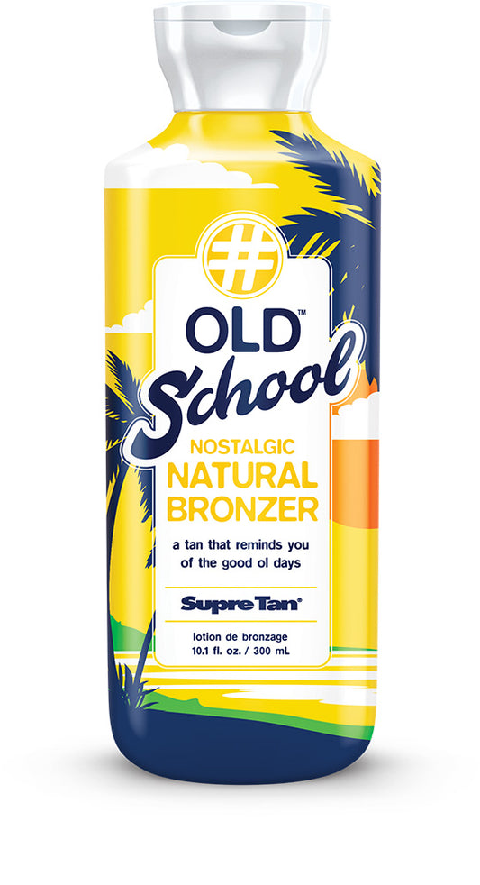 Old School Nostalgic Natural Bronzer bottle with tropical design on a white background