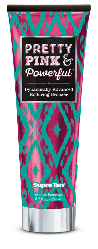 Tube of Supre Tan bronzer with pink and blue pattern and 'Pretty Pink & Powerful' text.
