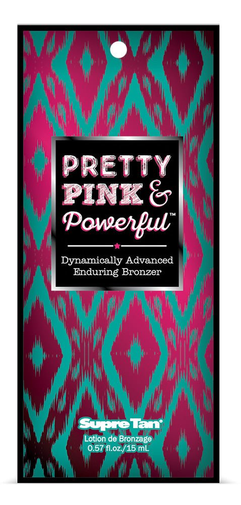 Supre Tan bronzer packaging with pink and teal design and 'Pretty Pink & Powerful' text.