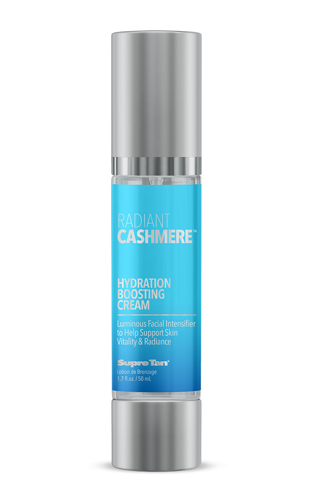 Blue spray bottle of Radiant Cashmere featuring a silver cap on a white background 