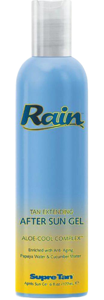 Blue bottle of Rain Tan Extending After Sun Gel with yellow label on a white background