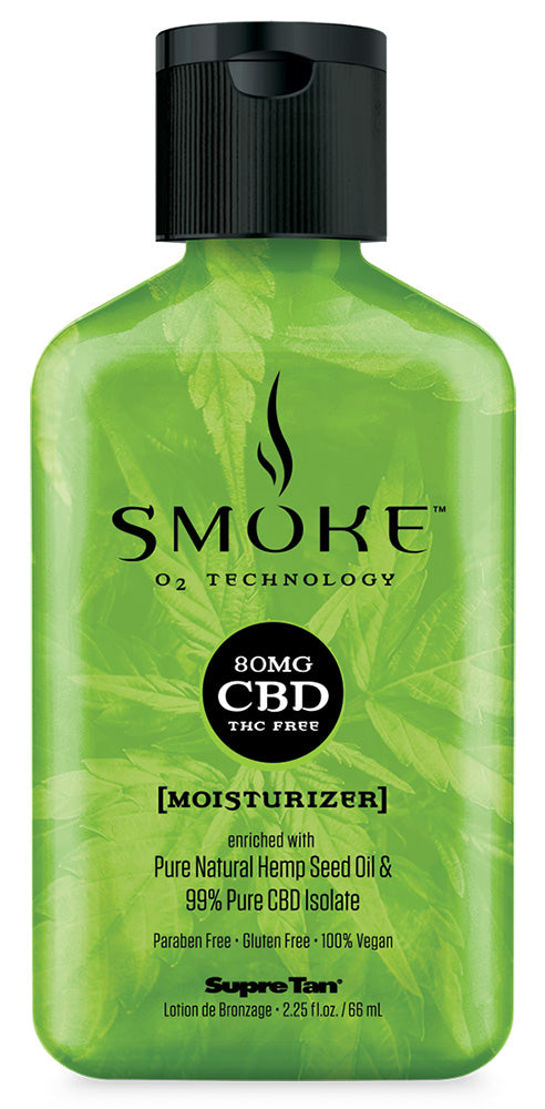 Green bottle of Smoke CBD moisturizer with black cap on a white background