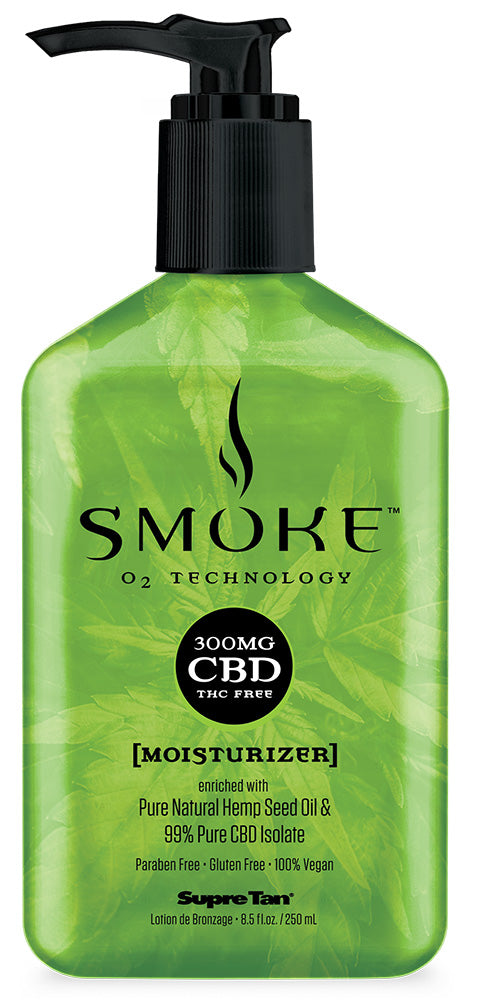 Green bottle of Smoke CBD moisturizer with pump on a white background