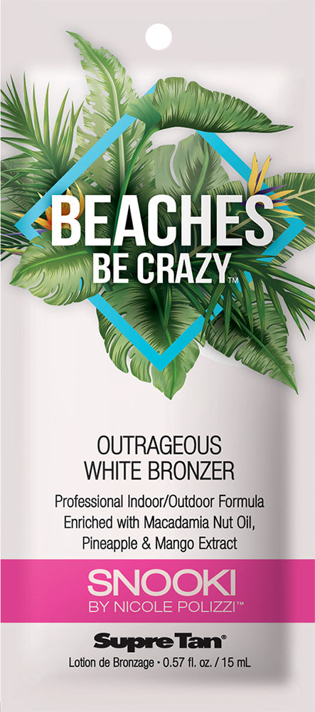 Supre Tan Beaches Be Crazy bronzer packaging with tropical leaves and branding.