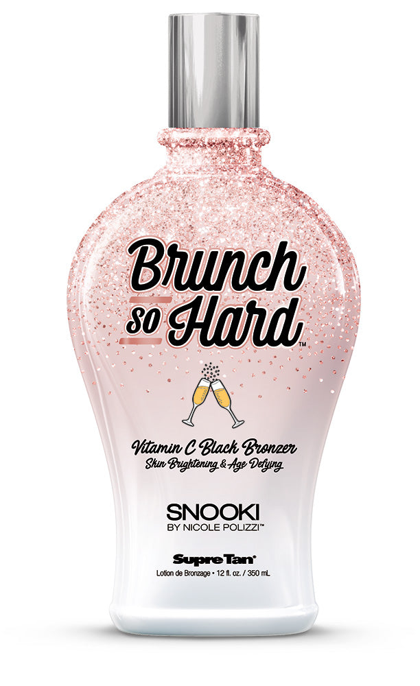 Brunch so Hard bronzer bottle with glittery pink design on a white background
