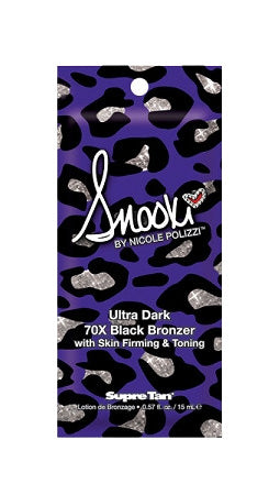 Snoozi by Nicole Polizzi Ultra Dark 70X Black Bronzer packaging with purple and black design.