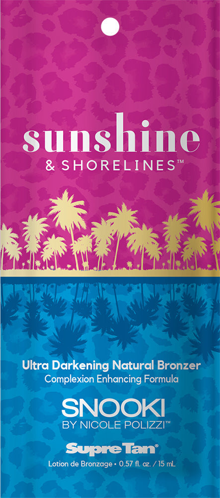 Supre Tan bronzer packaging with palm trees and 'sunshine & shorelines' text on a pink and blue background.